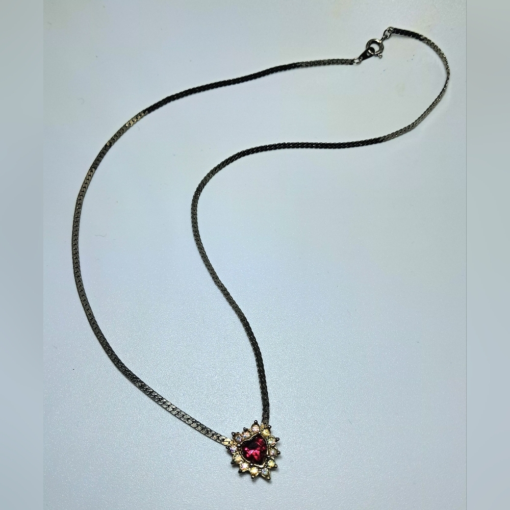 Gold Tone Rhinestone Heart Pendant Necklace With Silver Tone Chain